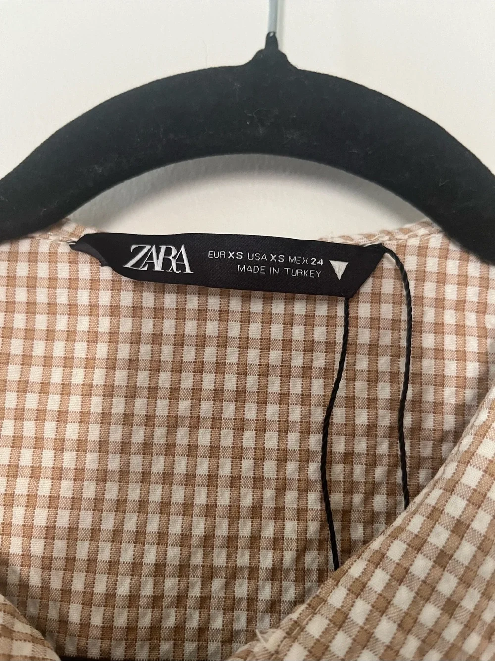 Zara Tan White Gingham Collared Puff Sleeve Top XS Cottagecore Western Farm